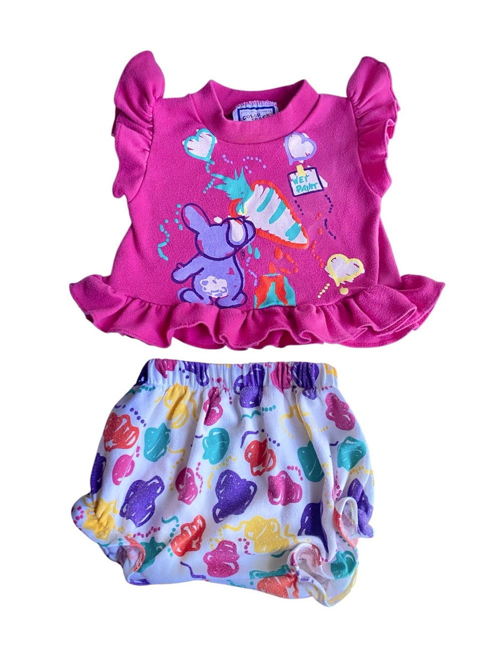 Color Track 2pc Knit Shorts Set Girls 6-9M Purple/Multicolor Ruffle Top 90s